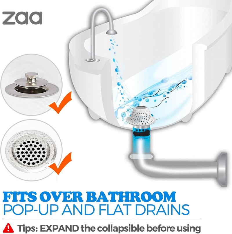 zaa Bathtub Drain Hair Catcher, Premium Silicone Collapsible 1 Pack Drain Protector for Pop-Up and Regular Drains of Shower, Tub, Bathroom, Sink, Light Gray - Image 3